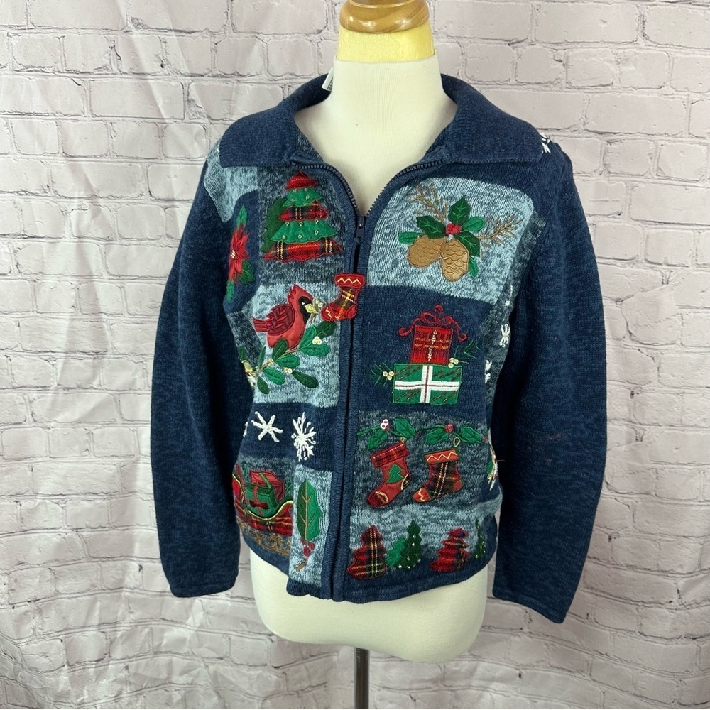 vintage tiara international christmas sweater cardigan patchwork sz med cottage